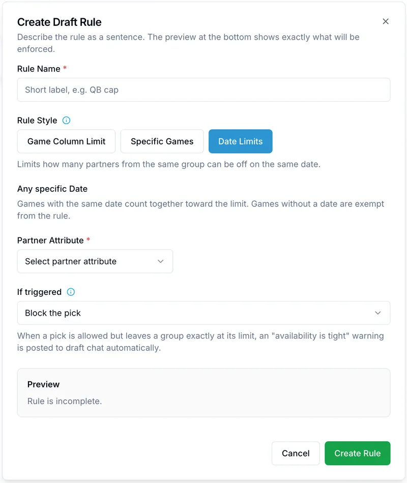 OnlineDraft Create Draft Rule dialog with three rule styles and a live plain-English preview