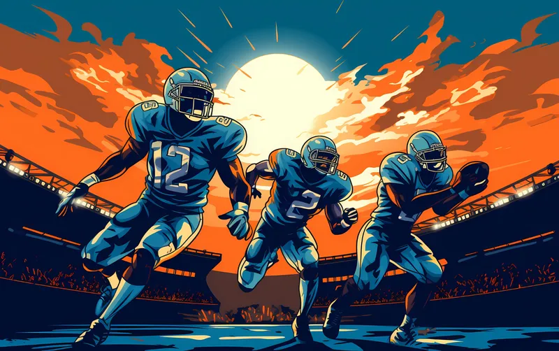 Illustrated football players breaking toward the end zone under stadium lights